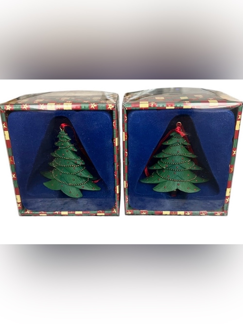 Marcel Schurman hand painted green Christmas tree holiday ornaments - set of two